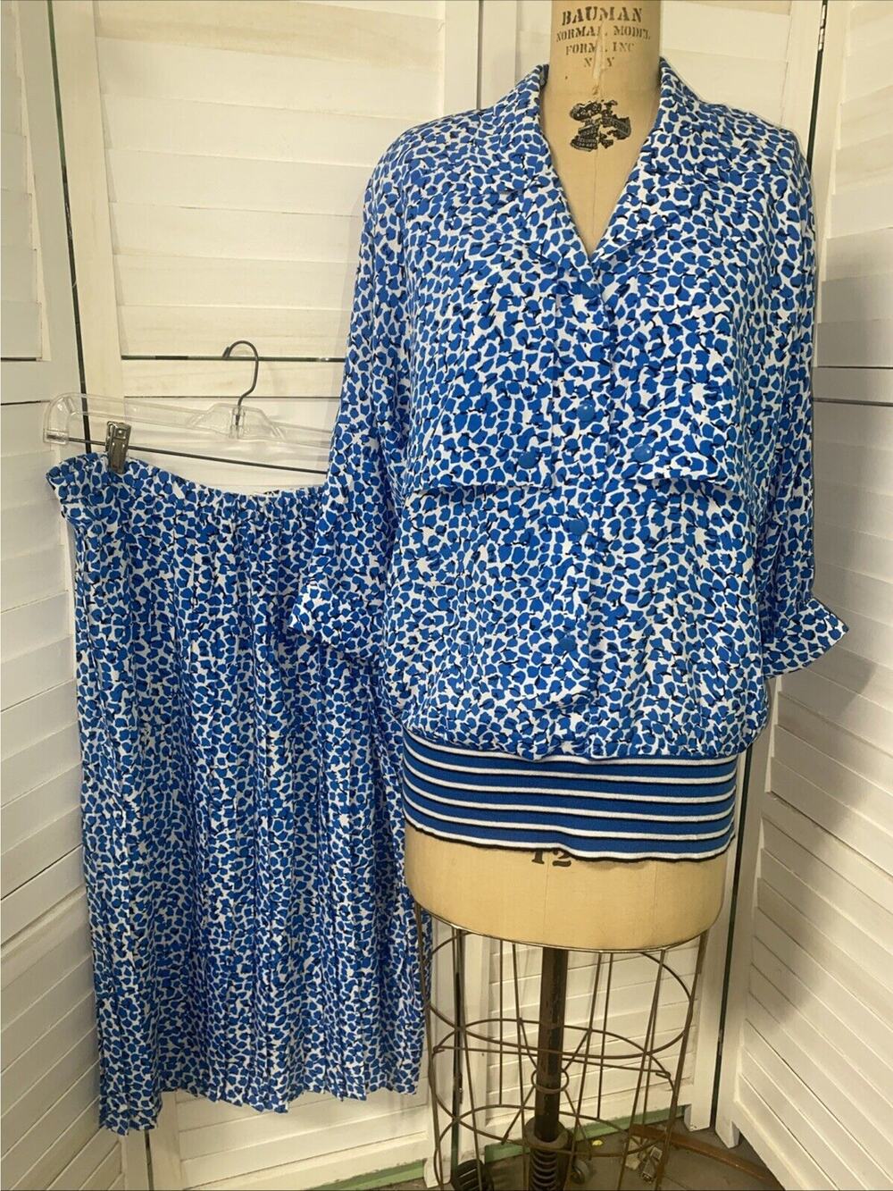 Vintage 80s Liz Roberts Midi 2 Piece Dress Set Blouse Pleated Skirt Sz XL